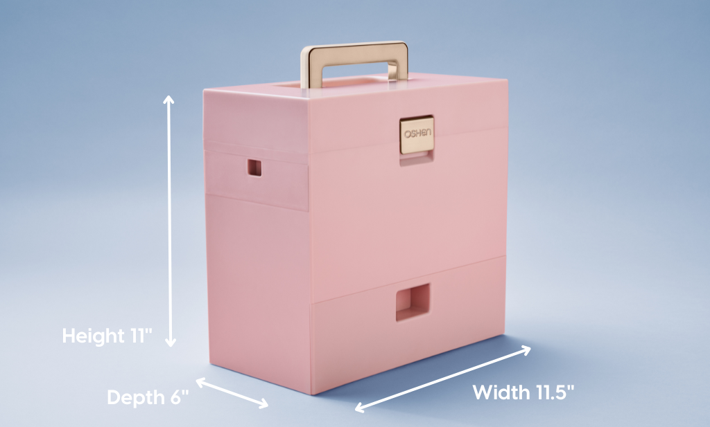 OSHEN makeup case in pink, gold. Size measurements. Sustainable makeup storage.